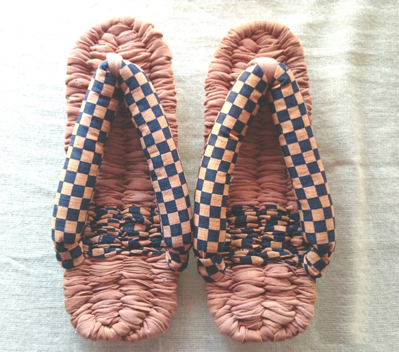 27cm/size 柿渋染め市松模様 手染めコットン布草履(ルームシューズ