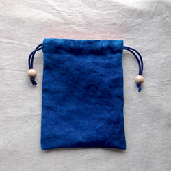 小粋な巾着ポーチ/リネン100%/藍染め/麻柄 3枚目の画像