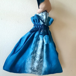 藍染め麻の葉柄巾着型ワンハンドルバック/和風 3枚目の画像