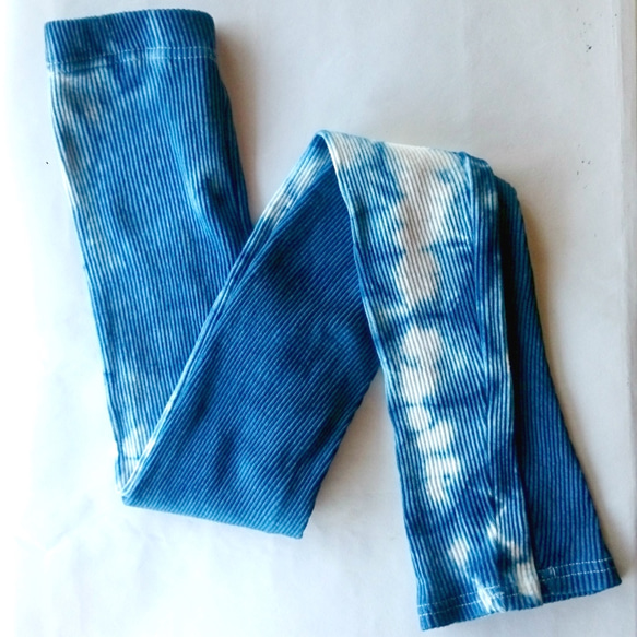 藍染めリブ編みレギンス/コットン100%/10部丈/アシンメトリー 2枚目の画像