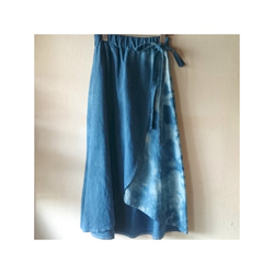 藍染めリネン100%ラップ風スカート/雲 6枚目の画像