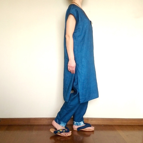 【送料無料】藍染めセットアップ/リネン100%/ゆったりワンピース&パンツ 2枚目の画像
