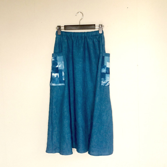 【送料無料】藍染めリネン100%フレアスカート/パッチワークポケット 7枚目の画像
