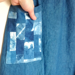 【送料無料】藍染めリネン100%フレアスカート/パッチワークポケット 4枚目の画像