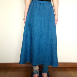 【送料無料】藍染めリネン100%フレアスカート/パッチワークポケット 6枚目の画像
