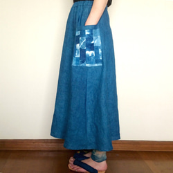 【送料無料】藍染めリネン100%フレアスカート/パッチワークポケット 3枚目の画像