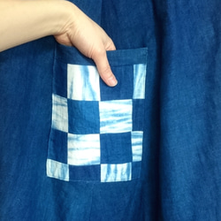 【SALE/送料無料】藍染めフレアスカート/市松模様パッチワークポケット/リトアニアリネン100% 5枚目の画像