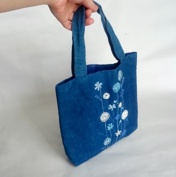 【SALE】藍染の手刺繍トートバック 2枚目の画像