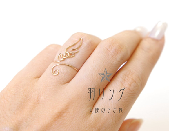 14kgf 指が長く見える、羽のリング【フリーサイズ】 指輪・リング 天使