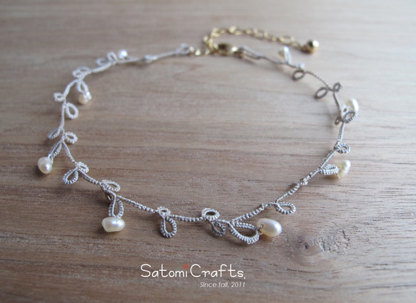 《受注製作》Anklet, Tatting_Leaves_silk(silver) 2枚目の画像