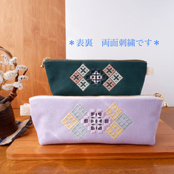 【使い道いろいろ！】和洋刺繍のペンケース＊ベージュ【こぎん刺し＋ハーダンガー刺繍】 10枚目の画像