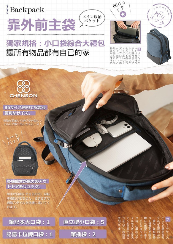CHENSON軟蓬蓬背帶2夾層多口袋14”筆電背包 藍(CH63346-9) 第4張的照片