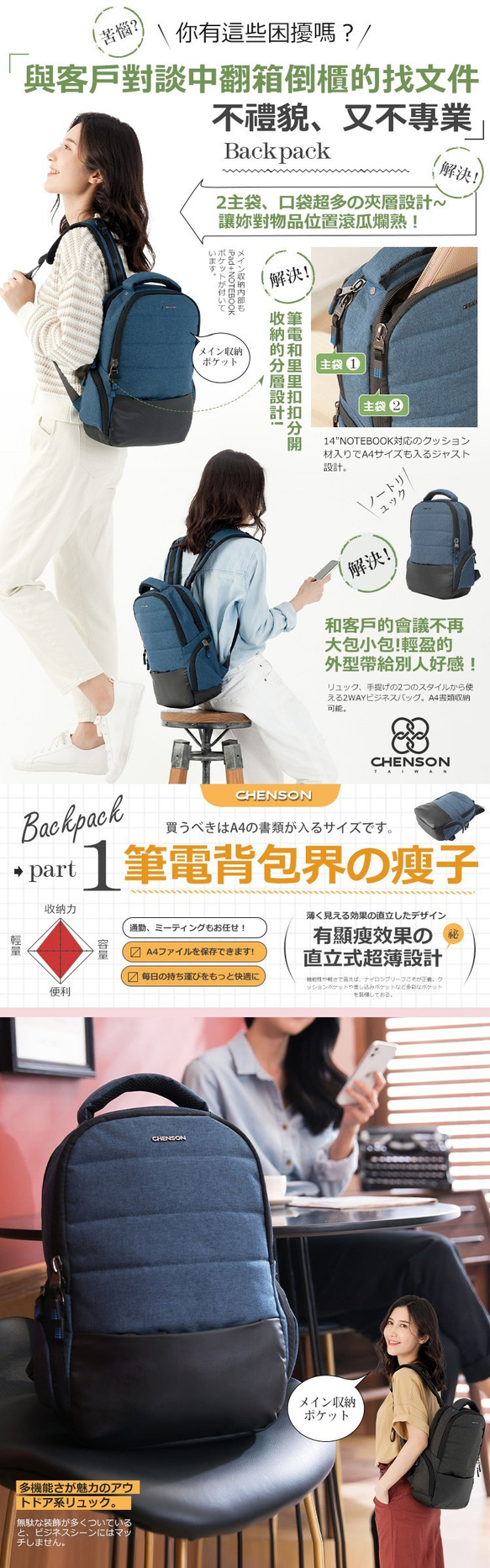 CHENSON軟蓬蓬背帶2夾層多口袋14”筆電背包 藍(CH63346-9) 第5張的照片