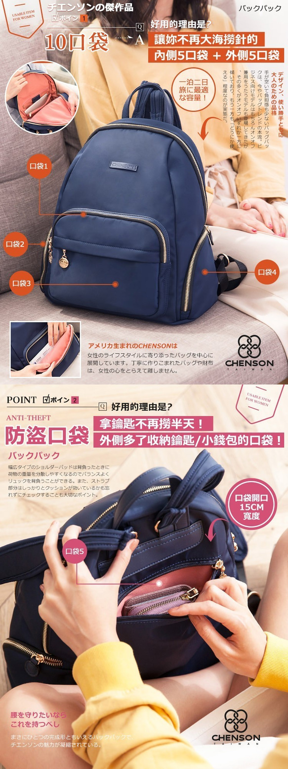 10ポケット リュック ナイロンバックパックBACKPACK (ブルー) CHENSON CG83331-9 6枚目の画像