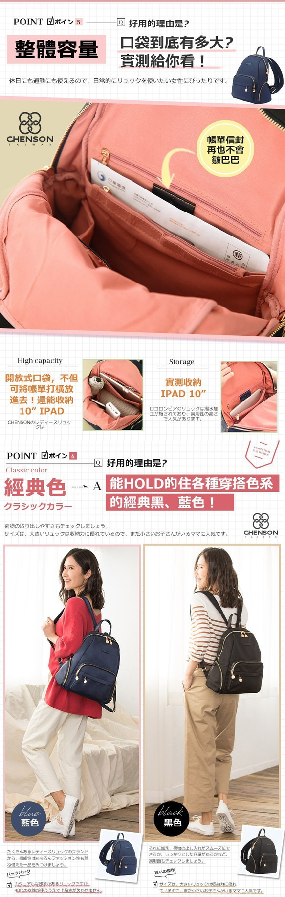 10ポケット リュック ナイロンバックパックBACKPACK (ブルー) CHENSON CG83331-9 9枚目の画像