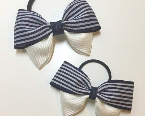 ママとおそろい♡】ネイビーストライプリボン☆ヘアゴム2点セット 雑貨  
