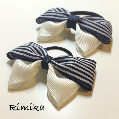 ママとおそろい♡】ネイビーストライプリボン☆ヘアゴム2点セット 雑貨  