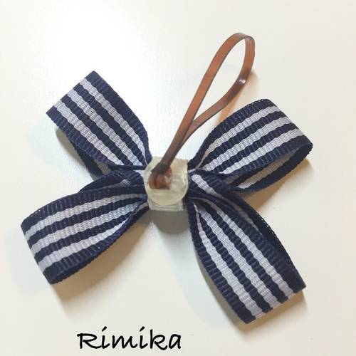 再販》ママとおそろい♡ ネイビーストライプリボン☆ヘアゴム3点セット  