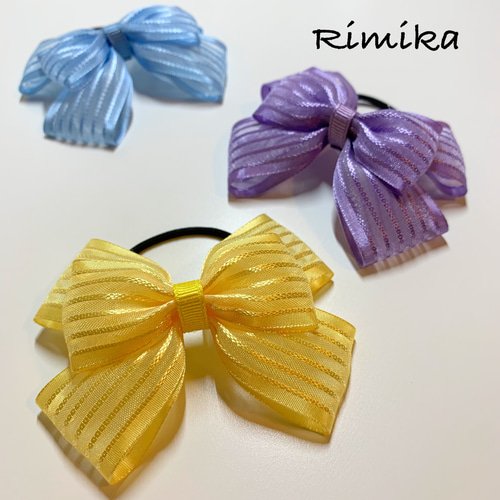 キッズ】オーガンジーストライプリボン☆ヘアゴム 雑貨・その他 Rimika 