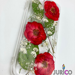 赤い薔薇とかすみ草の押し花スマホケース　全機種対応/iphone/GALAXY/AQUOS/xperia/pixel 3枚目の画像