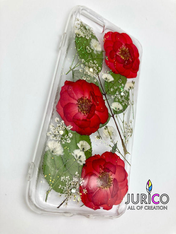 赤い薔薇とかすみ草の押し花スマホケース　全機種対応/iphone/GALAXY/AQUOS/xperia/pixel 3枚目の画像