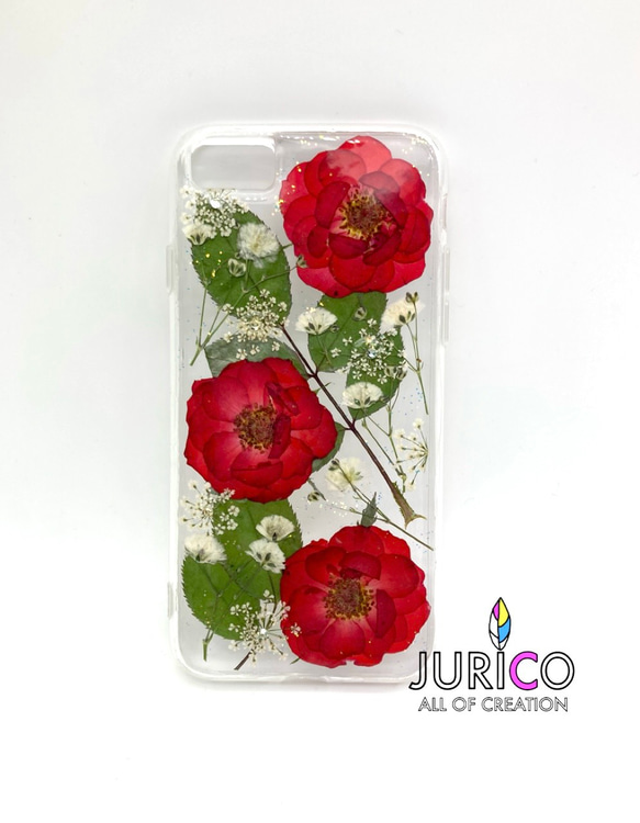 赤い薔薇とかすみ草の押し花スマホケース　全機種対応/iphone/GALAXY/AQUOS/xperia/pixel 4枚目の画像