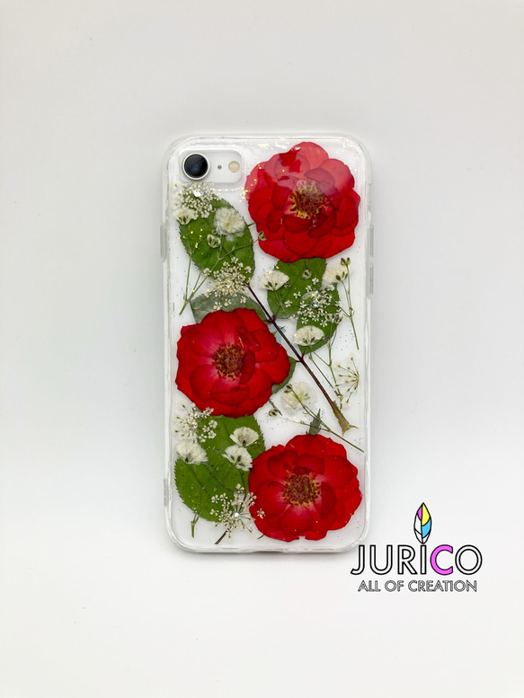 赤い薔薇とかすみ草の押し花スマホケース　全機種対応/iphone/GALAXY/AQUOS/xperia/pixel 5枚目の画像