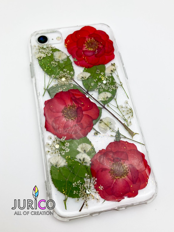 赤い薔薇とかすみ草の押し花スマホケース　全機種対応/iphone/GALAXY/AQUOS/xperia/pixel 6枚目の画像