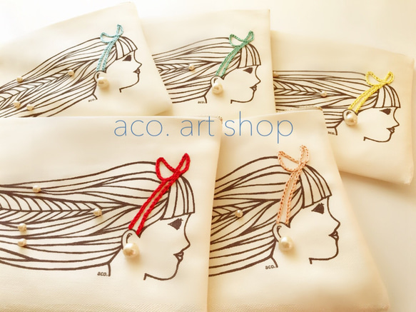 【aco.】リボン刺繍＆パール 可憐なポーチ  リボン色選べます❁ 5枚目の画像