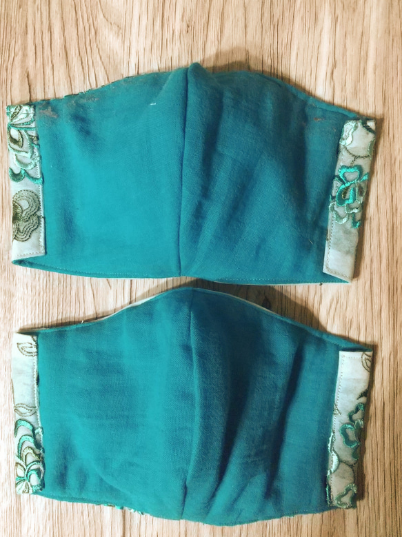 青緑✖水色花レースマスク（地） 5枚目の画像