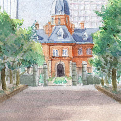 油絵「可愛い散歩道」原画　額付 ミニ原画】北海道庁旧本庁舎の風景画（送料無料/水彩画） 絵画
