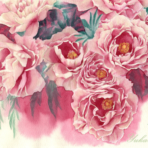 原画】ピオニー（水彩画額無し）☆花 牡丹 風景画 絵画インテリア