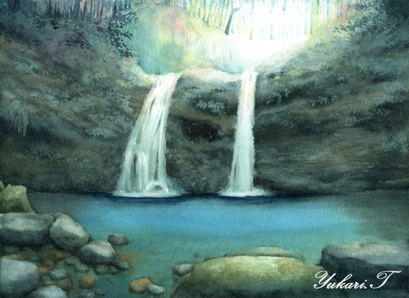 【原画】森の中の滝（水彩画/額無し）★神秘 水 滝 湖 風景画 絵画インテリア プレゼントに 2枚目の画像