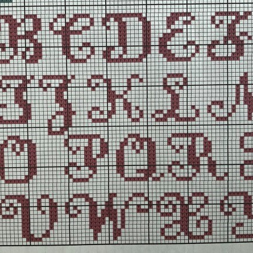 クロスステッチのローズリース（完成品＋アルファベット図案と糸の