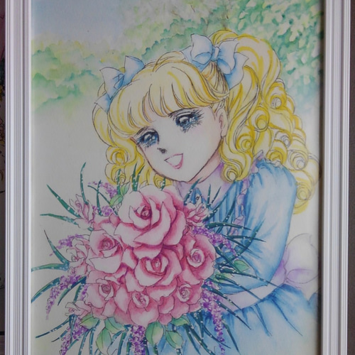 ピンクの花たばを持つ少女 キャンディキャンディ風 イラスト まいまい