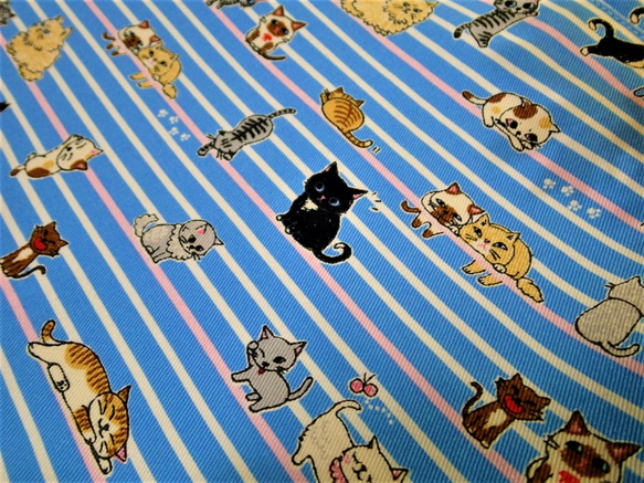 レッスンバッグ　猫ちゃん水色ストライプ 3枚目の画像