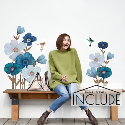 716 ウォールステッカー 花 青い花 白い花 ハチドリ フヨウ 高砂