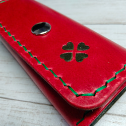 かわいいキーケース(赤ー緑)、ハートの四葉クローバー、4連キーホルダー、牛本革altoレザー(国産　国内製造レザー)使用 2枚目の画像