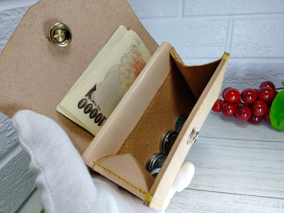 【大容量カードポケット】ショートウォレット　財布　木目型　牛本革　ヌメ革　手縫い 3枚目の画像