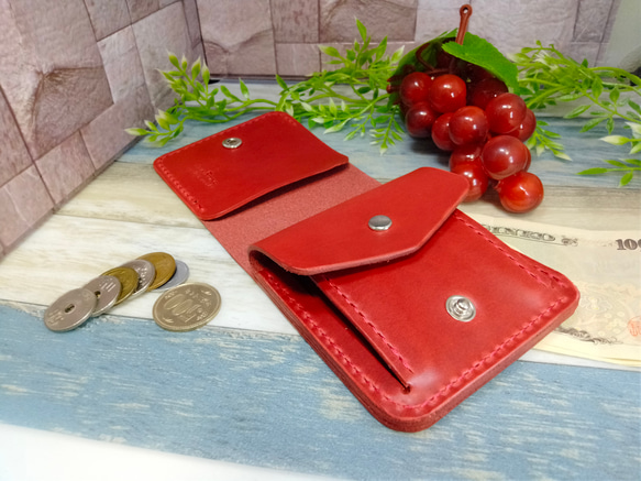 【シンプルウォレット】二つ折り財布　牛本革　オイルレザー　ワインレッド（赤）　手縫い 3枚目の画像