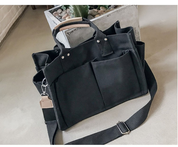 キャンバスバッグ、シンプルで用途の広い、マルチポケットハンドバッグ、メッセンジャーバッグ、大容量ショルダーバッグ、女性用ラージバ 9枚目の画像
