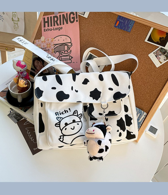 原宿大学風袋キュートキュートバッグおもしろい個性楽しい牛柄バッグ学生キャンバスバッグメッセンジャーバッグ女性バッグインナーパッチ 4枚目の画像