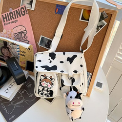 原宿大学風袋キュートキュートバッグおもしろい個性楽しい牛柄バッグ学生キャンバスバッグメッセンジャーバッグ女性バッグインナーパッチ 5枚目の画像