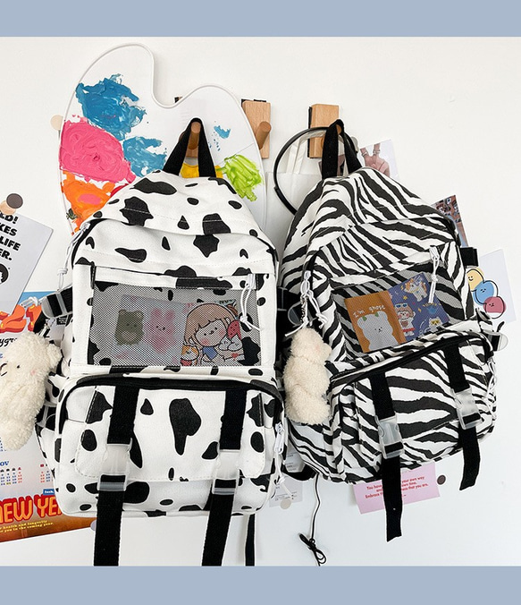 原宿大学風袋かわいい牛柄バッグストライプバッグガールスクールバッグおもしろい個性学生バックパックインナーパッチポケット蓋付きバッ 1枚目の画像