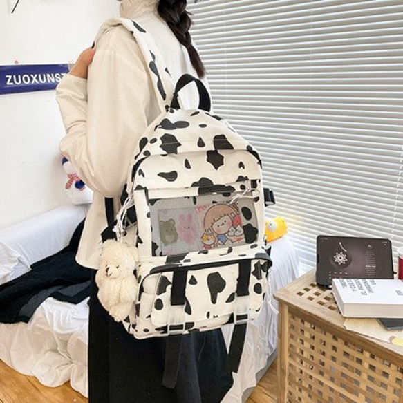 原宿大学風袋かわいい牛柄バッグストライプバッグガールスクールバッグおもしろい個性学生バックパックインナーパッチポケット蓋付きバッ 4枚目の画像