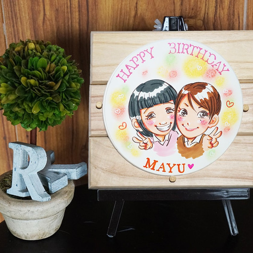 丸型の似顔絵色紙＊木製額＆台（イーゼル）つき！2名書き
