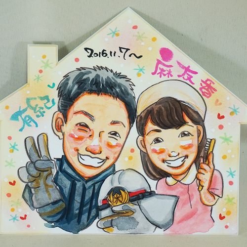 可愛いハート型の似顔絵色紙♪2名書き♪小さいサイズ♪ イラスト