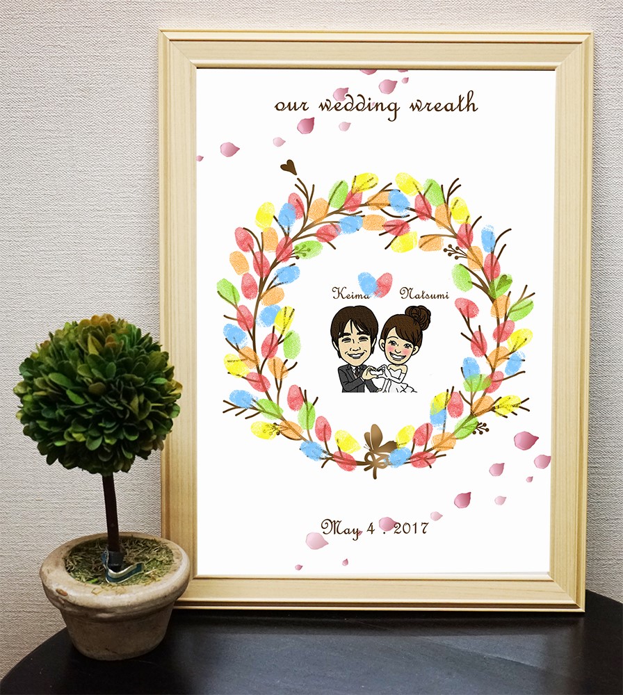 似顔絵付きウェルカムリースB4　桧の木製額付き・70～90名様相当対応