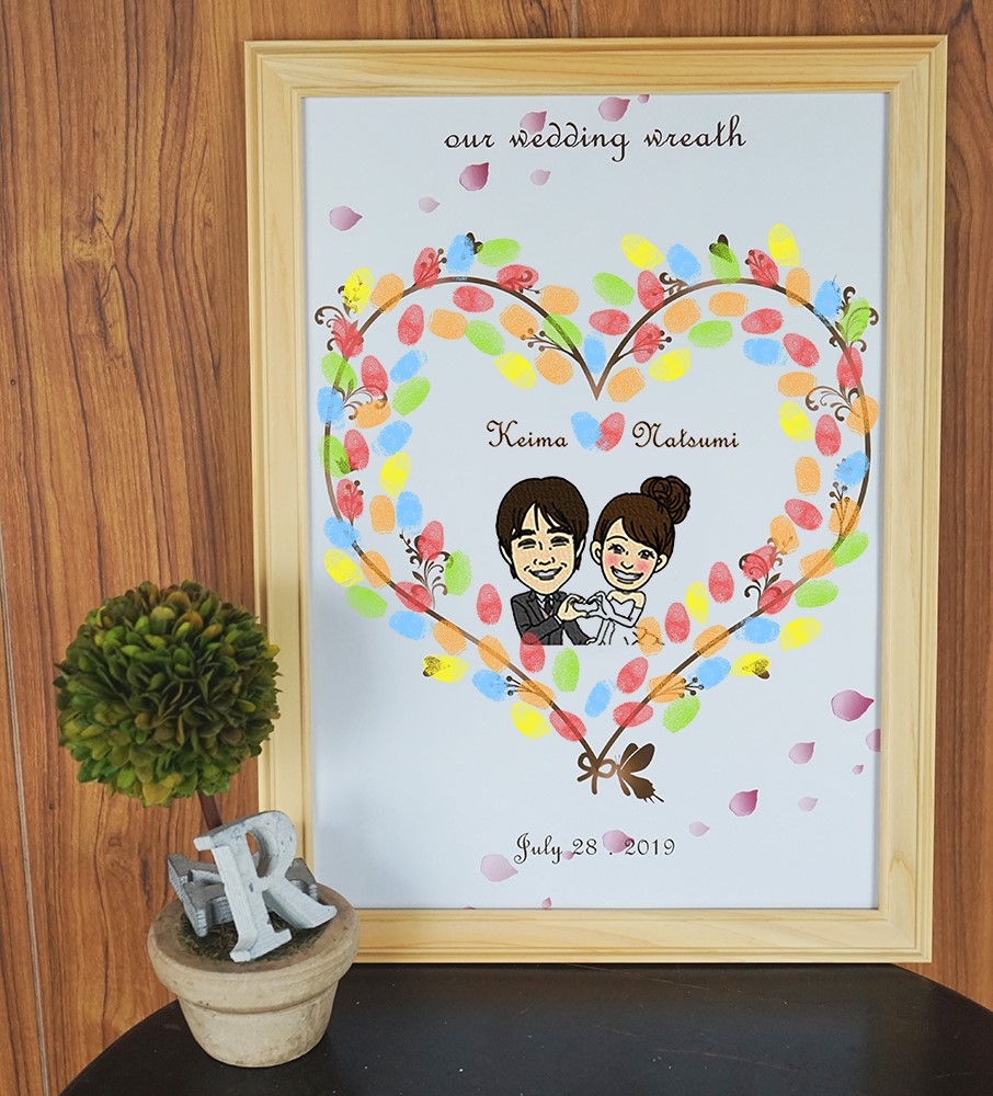 似顔絵付きウェルカムリースA3・ハート　桧の木製額付き・100～120名様相当対応