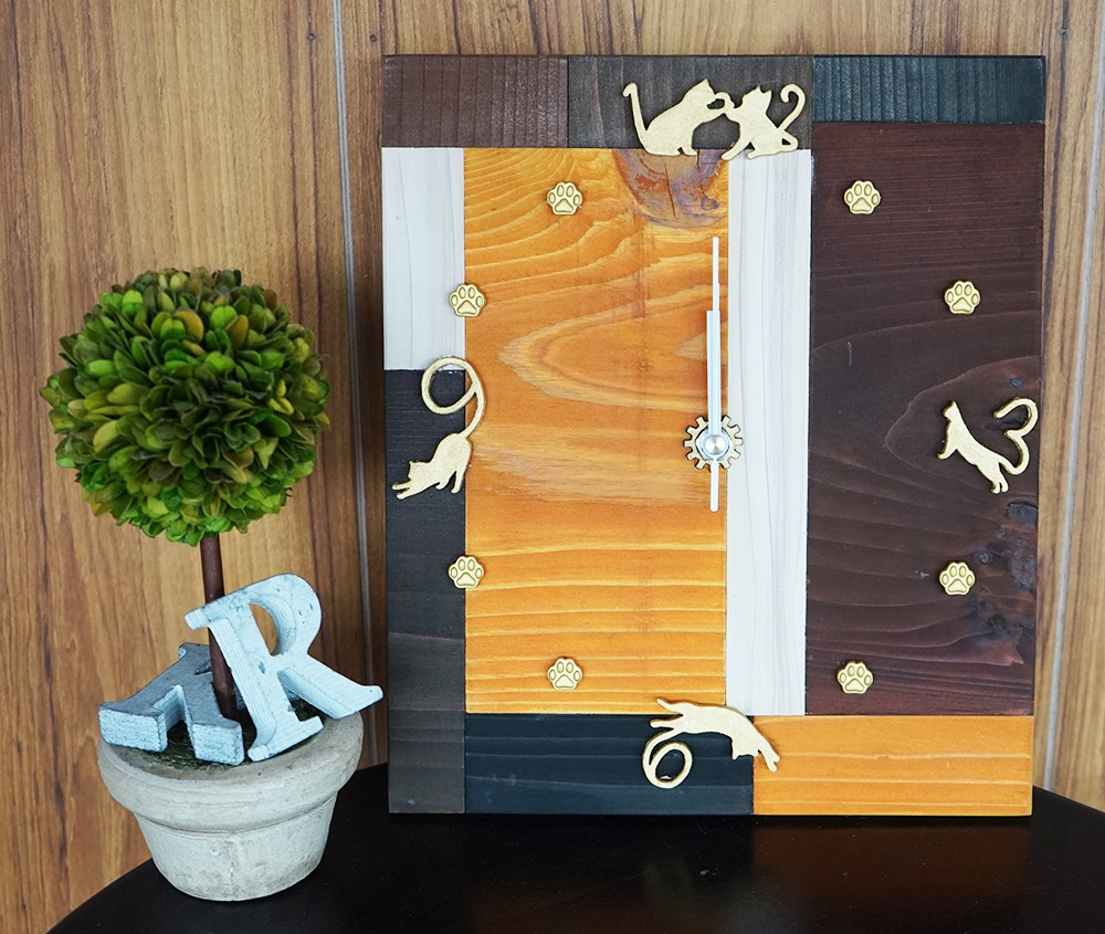 【立体】寄せ木アート・猫の時計